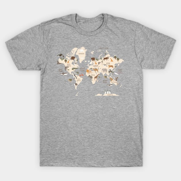 Animal World Map Grey T-Shirt by JunkyDotCom